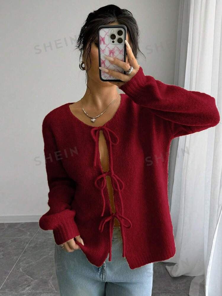SHEIN Relaxiva Trendy Front Tie Design Long Sleeve Cardigan | SHEIN USA | SHEIN