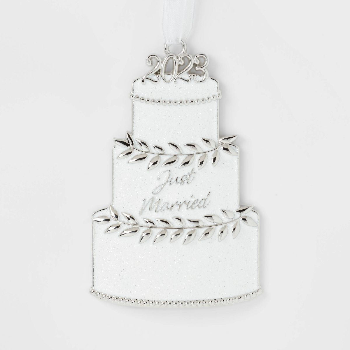 2023 'Just Married' Glittered Metal Wedding Cake Christmas Tree Ornament White - Wondershop™ | Target