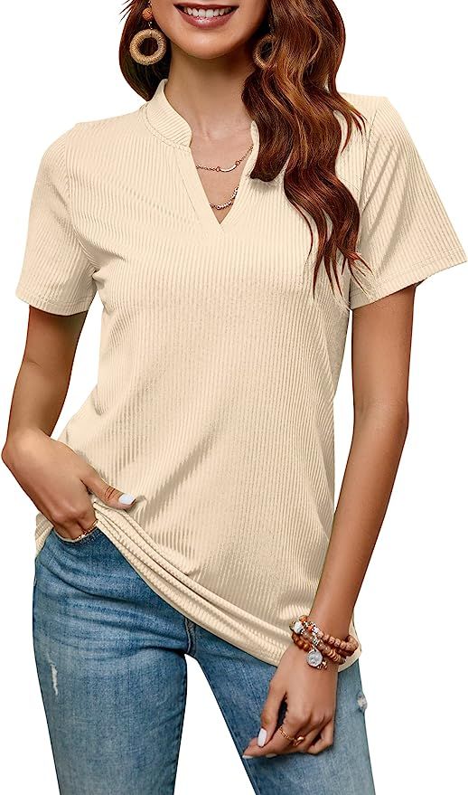 MOLERANI Womens Summer Tops V Neck T-Shirts Casual Short Sleeve Loose Ribbed Tee Blouse | Amazon (US)