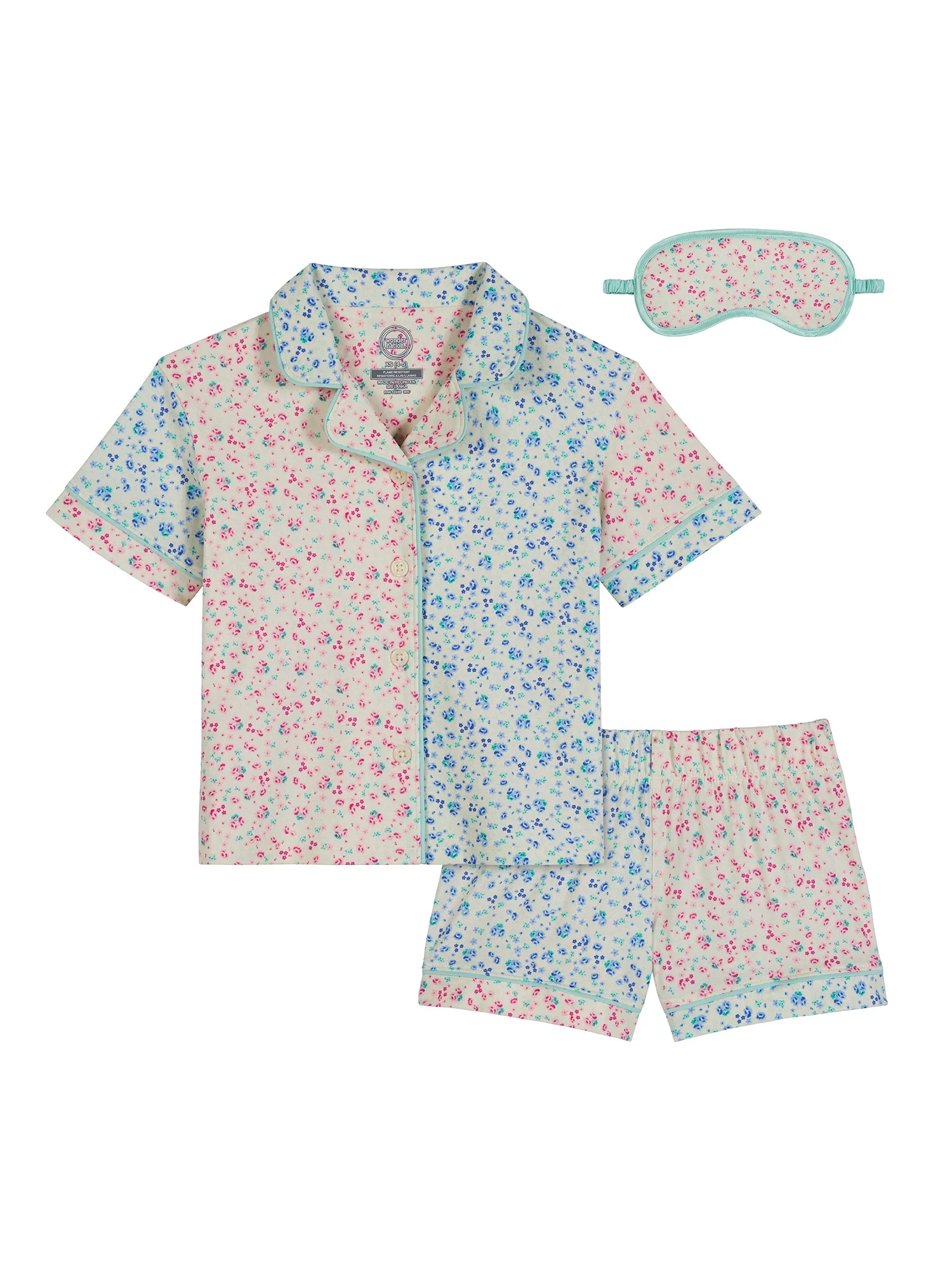Wonder Nation Girls Short Sleeve Button Front Pajama Top and Shorts Set with Eyemask, 3-Piece, Si... | Walmart (US)