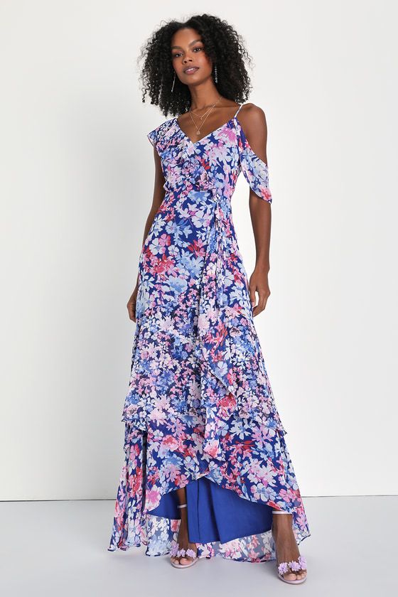 Radiant Blue Floral Print Chiffon Maxi Dress | Lulus (US)