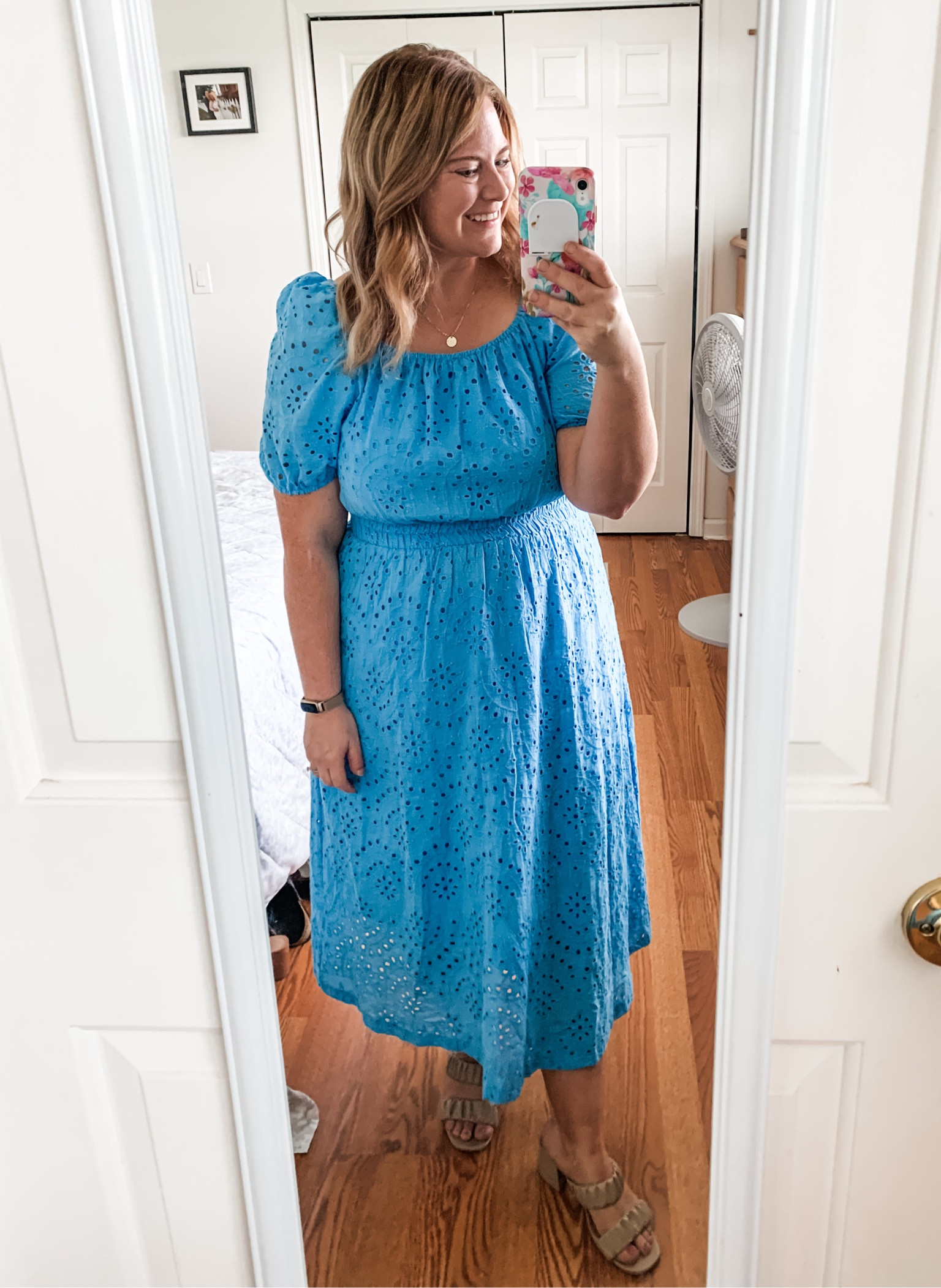 One of my new favorite dresses!  The eyelet detail is so cute - comes in multiple color ways.  I’m wearing a large - it’s true to size.  Would be a great wedding guest dress!  Also nursing friendly as the top pulls down  

#LTKMidsize #LTKWedding #LTKBump