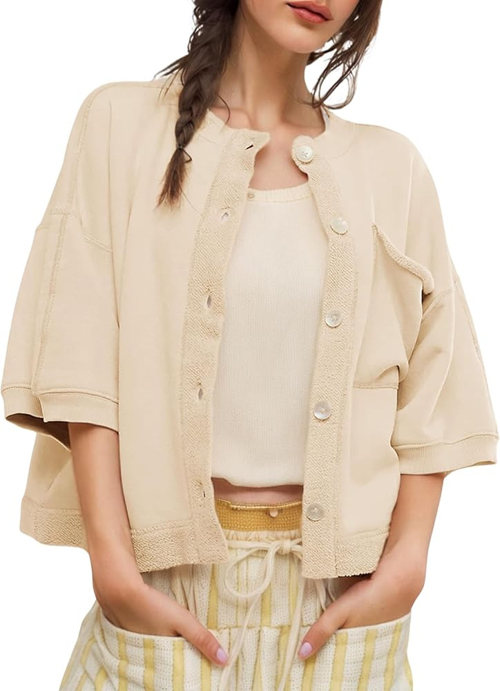 QIBABU Womens Button Down Cardigan Casual Open Front 3/4 Sleeve Crewneck Sweatshirt Tops | Amazon (US)