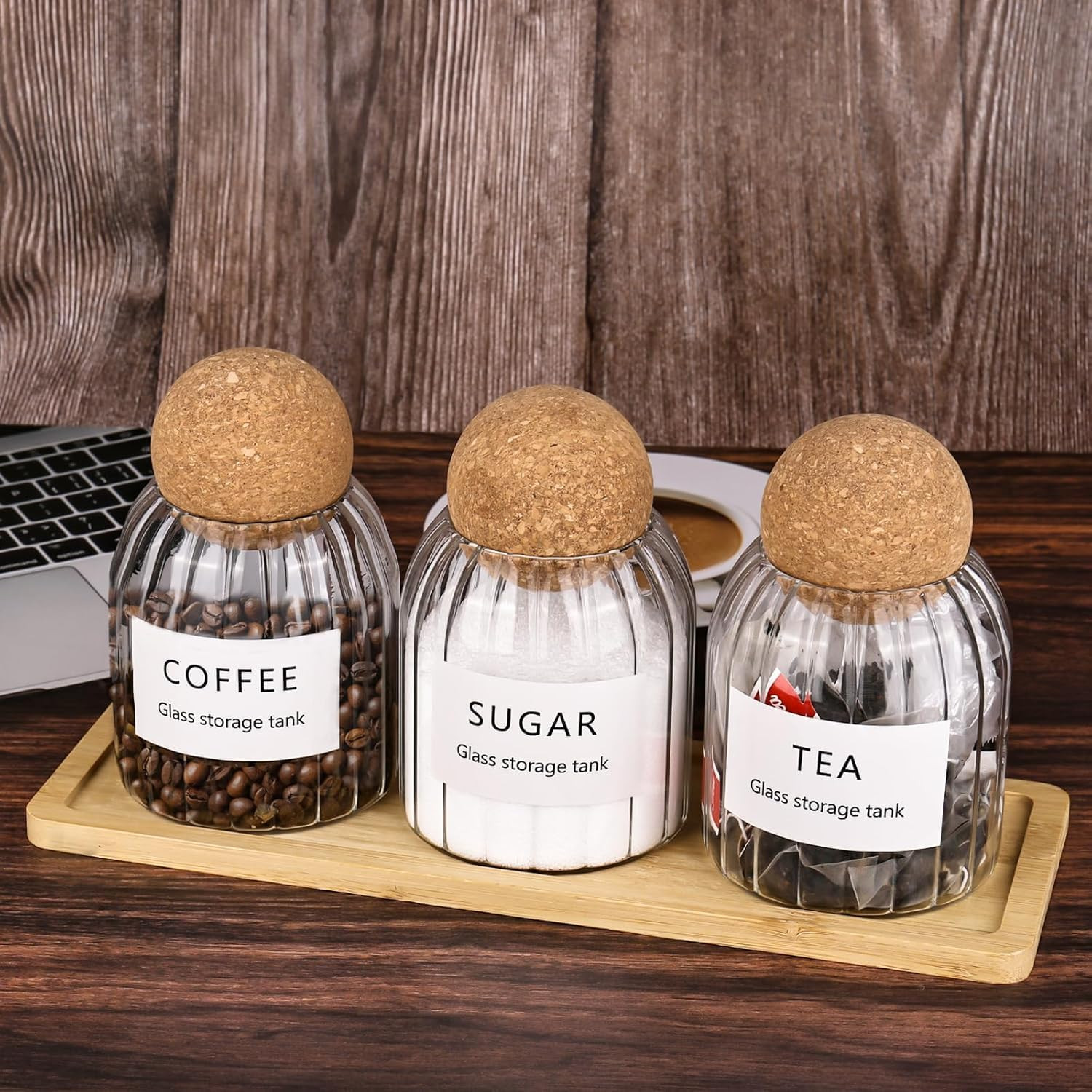 DMJJSD Tea Coffee and Sugar Canisters Set - Set of 3 Cork Ball 500ml Glass Jars,with Twooden tray... | Amazon (UK)