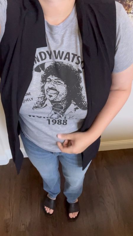 Styling my Randy Watson t-shirt with an open vest, straight leg jeans and slides. Graphic tee, 80s shirt, funny.

#LTKStyleTip #LTKOver40 #LTKMidsize