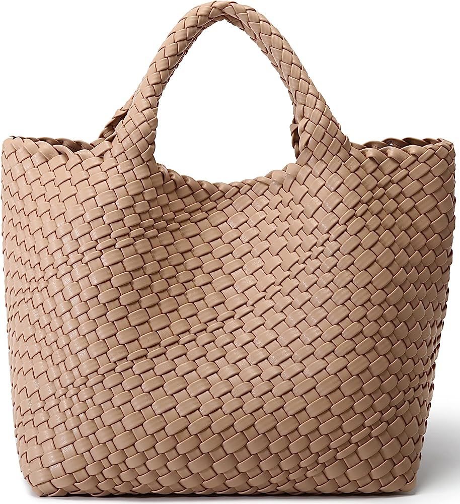 Woven Bag for Women, Vegan Leather Tote Bag Large Summer Beach Travel Handbag and Purse Retro Handma | Amazon (US)