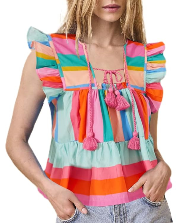 Women Boho Tie Front Peplum Top Floral Print Flowy Fringe Shirt Square Neck Ruffle Tank Top Going... | Amazon (US)