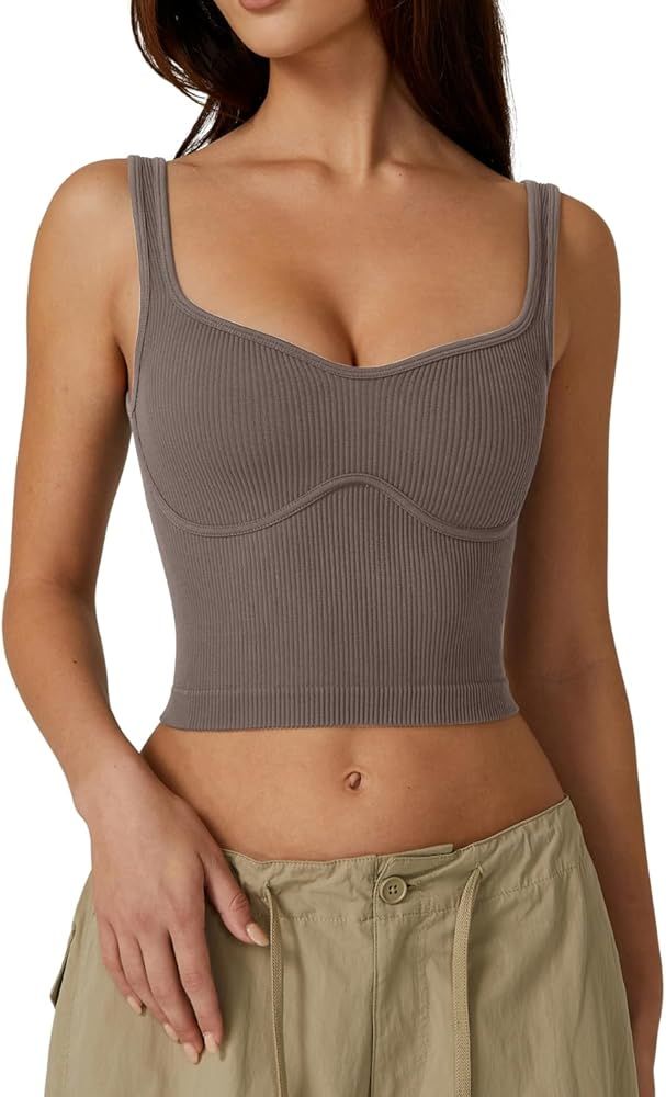 QINSEN Womens Sleeveless Cropped Rib Knit Seamless Sweetheart Neckline Going Out Tank Tops | Amazon (US)