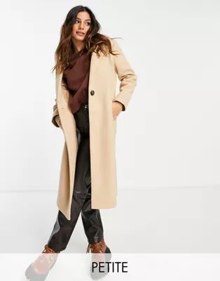 Miss Selfridge Petite maxi coat in camel | ASOS (Global)