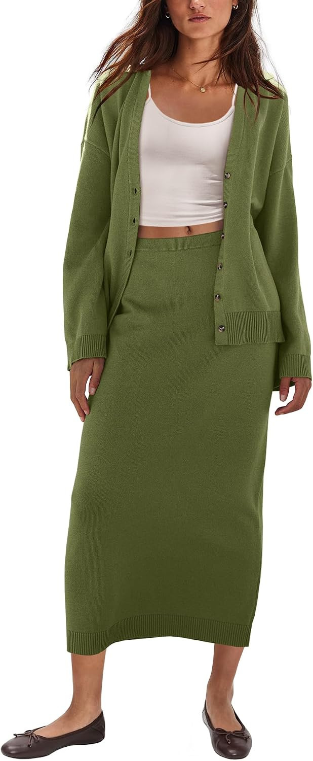 ReachMe Women 2 Piece Sweater Skirt Sets Button Down Cardigan Sweaters and Knit Maxi Skirt Fall Matching Sets | Amazon (US)