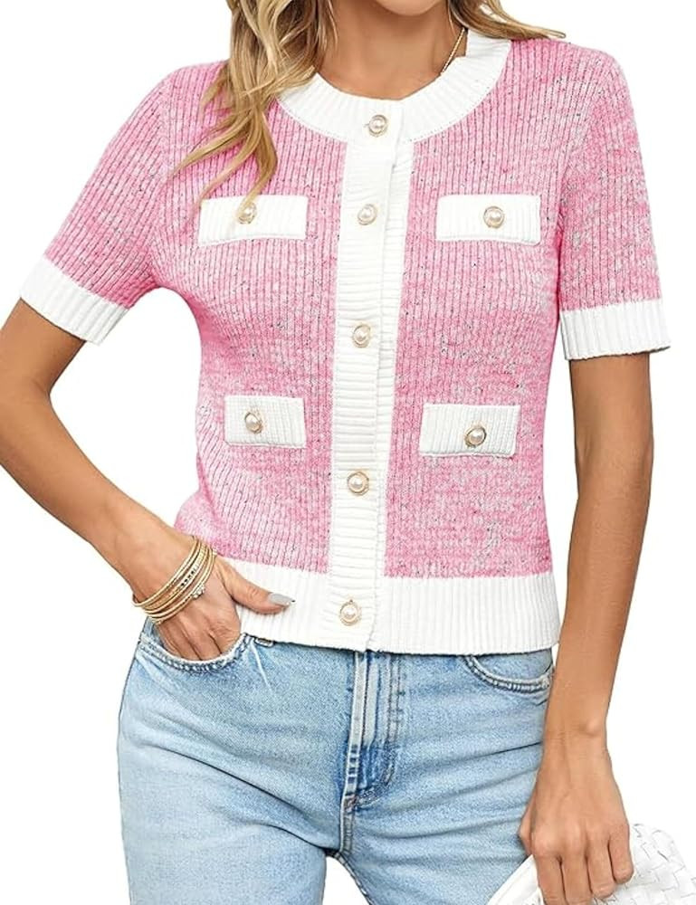Esmeling Women’s Elegant Short Sleeve Cardigan Sweater Lightweight Pearl Button Down Tank Top K... | Amazon (US)