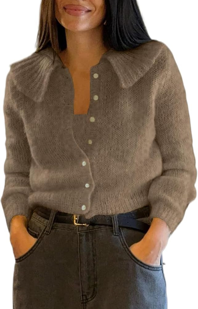 Watashi Women Long Sleeve Sweater Casual Ruffle Collar Knit Cardigan Button Up Fluffy Fall Sweate... | Amazon (US)