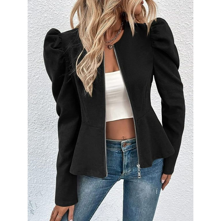 Singreal Women's Puff Sleeve Zip Up Ruffle Hem Peplum Jacket Coat | Walmart (US)