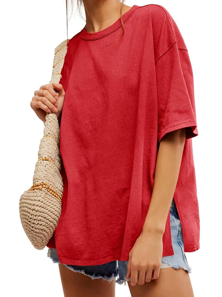 Tankaneo Womens Oversized Tshirts Summer Casual Short Sleeve Crew Neck T Shirt Loose Fit Side Sli... | Amazon (US)