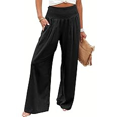 ANRABESS Women Linen Palazzo Pants Summer Boho Wide Leg High Waist Casual Lounge Pant 2025 Beach ... | Amazon (US)