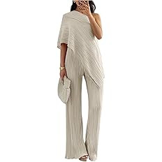 MakeMeChic Women's Asymmetrical Set 2 Piece Striped One Shoulder Pants Set Elegant Work Suit | Amazon (US)