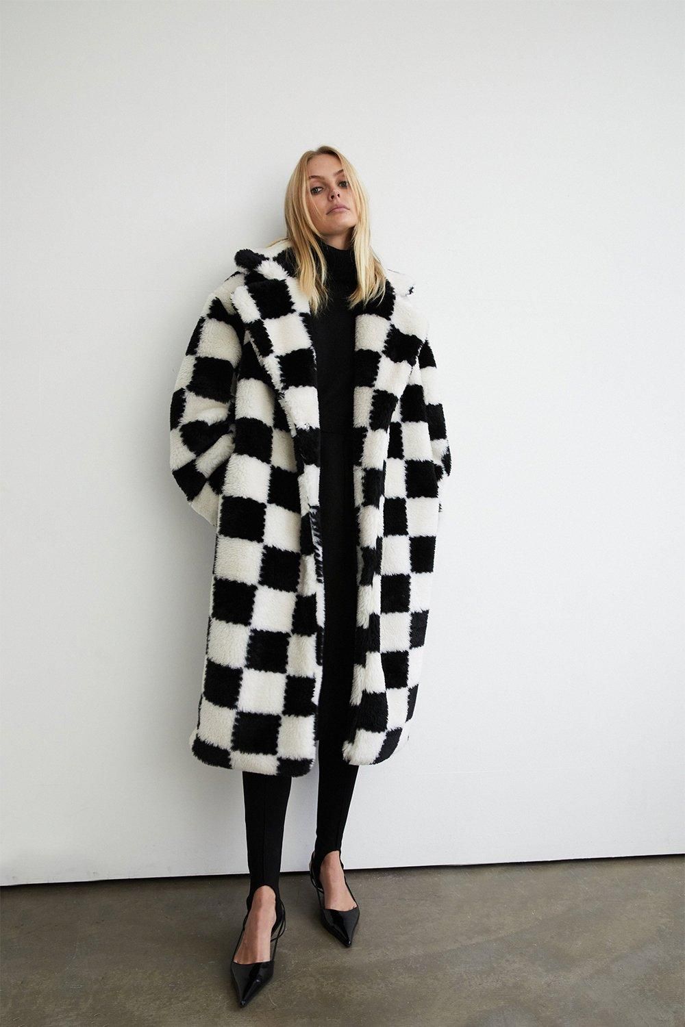 Checkerboard Maxi Fur Coat | Warehouse UK & IE