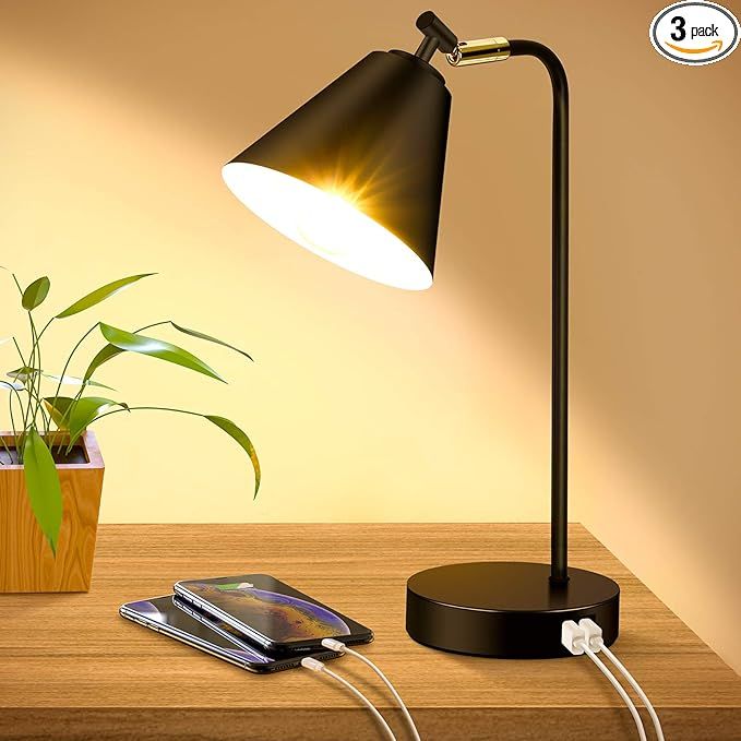 Industrial Dimmable Desk Lamp with 2 USB Charging Ports AC Outlet, Touch Control Bedside Nightsta... | Amazon (US)