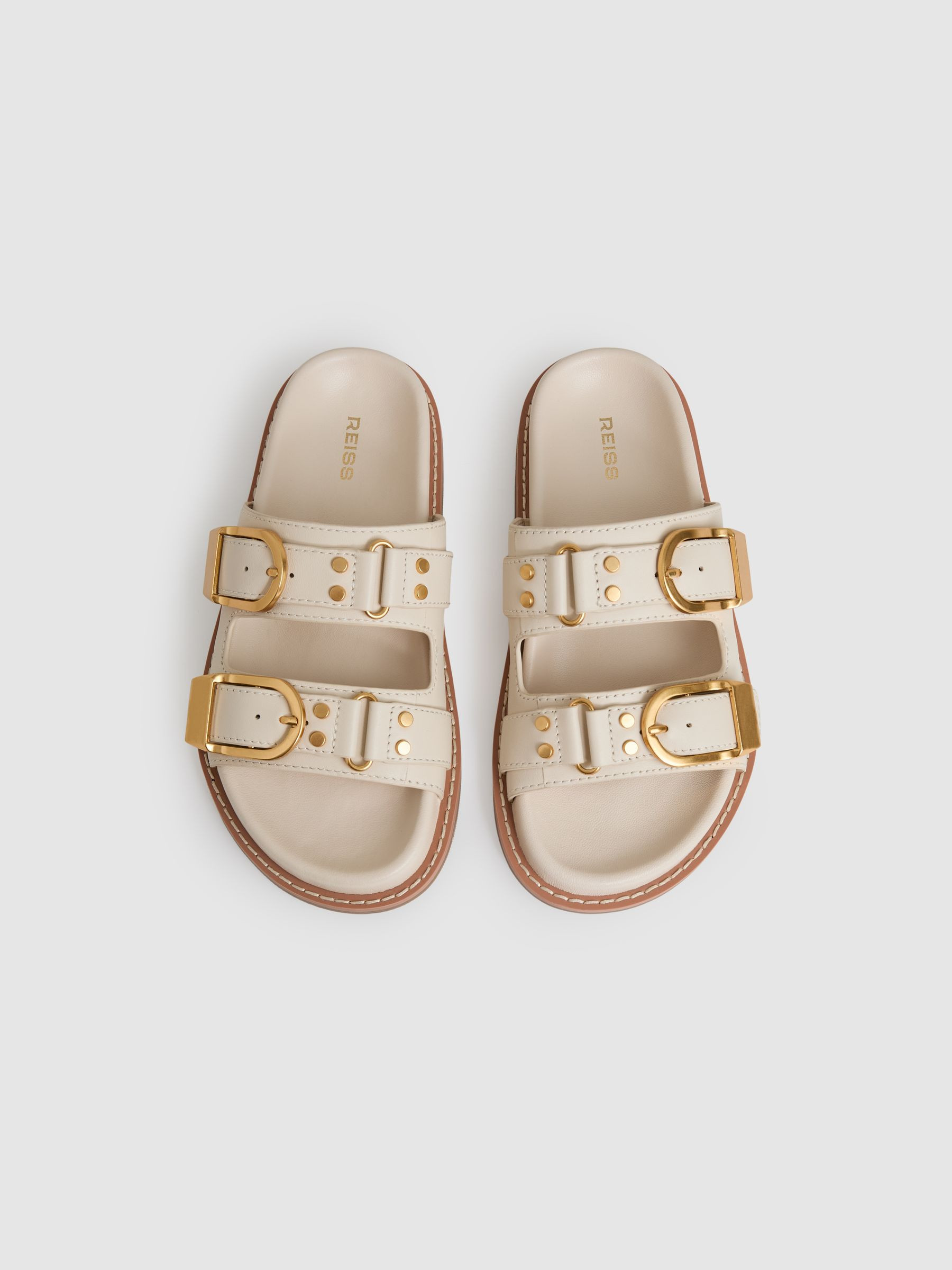 Leather Buckled Slip-On Sandals in Off White | Reiss UK