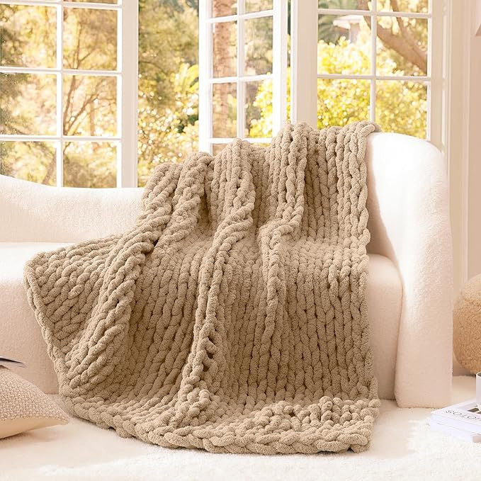 WRENSONGE Chunky Knit Blanket Throw Dark Beige Large Soft Fluffy Cable Knit Crochet Throw 100% Ha... | Amazon (US)