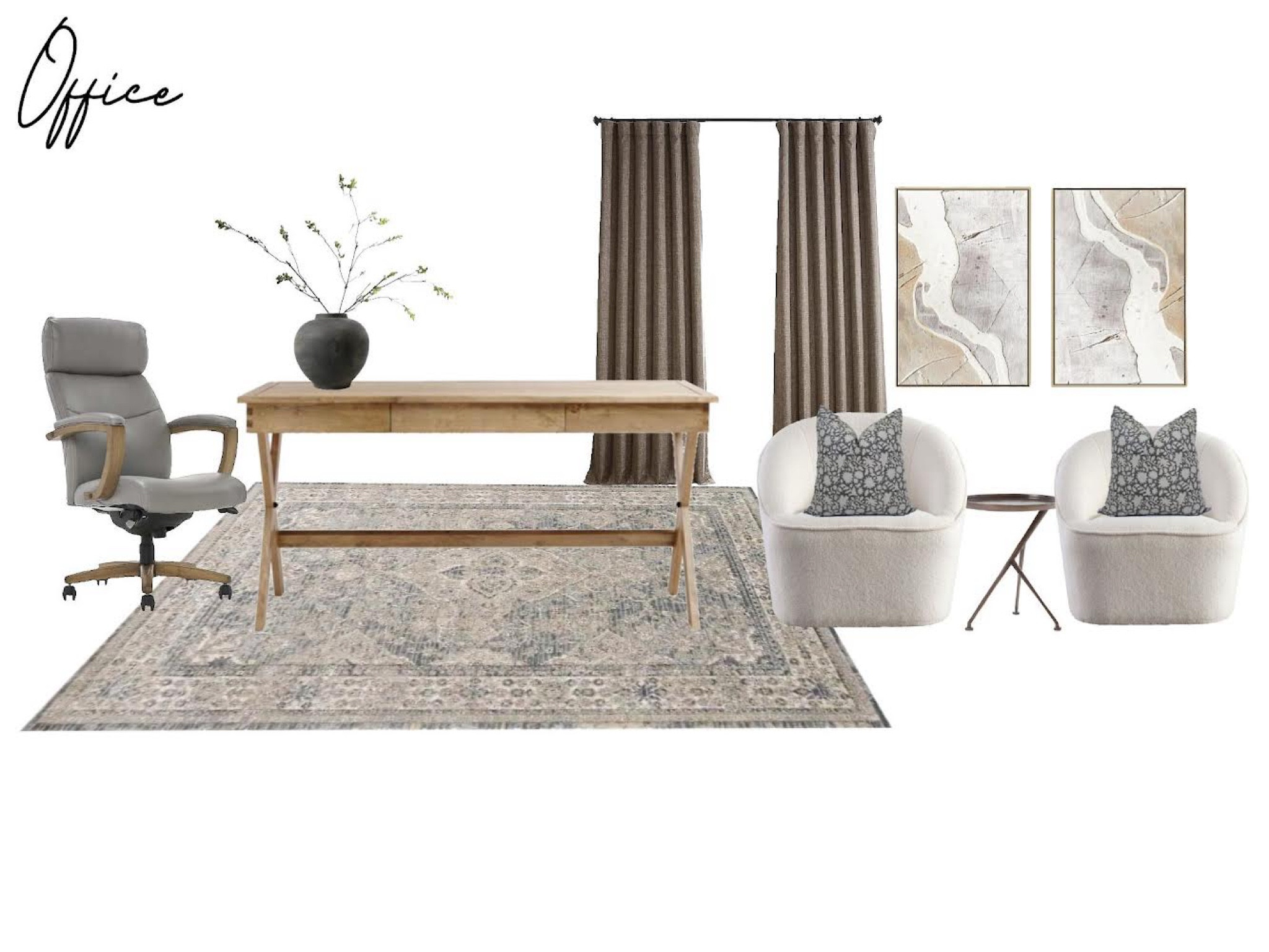 Curtains, office chair, rug, chairs, art and decor

#LTKbeauty #LTKstyletip #LTKhome