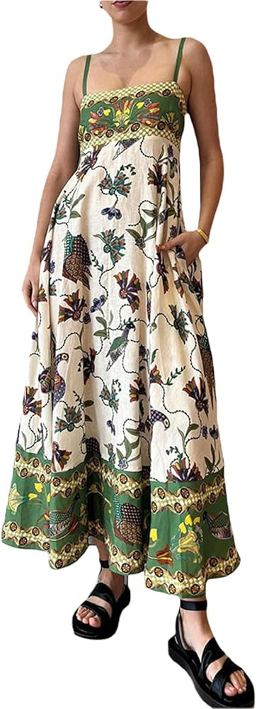 Women Boho Maxi Cami Dress Graffiti Spaghetti Strap Sleeveless Causal Loose Flowy Dress Summer Be... | Amazon (US)