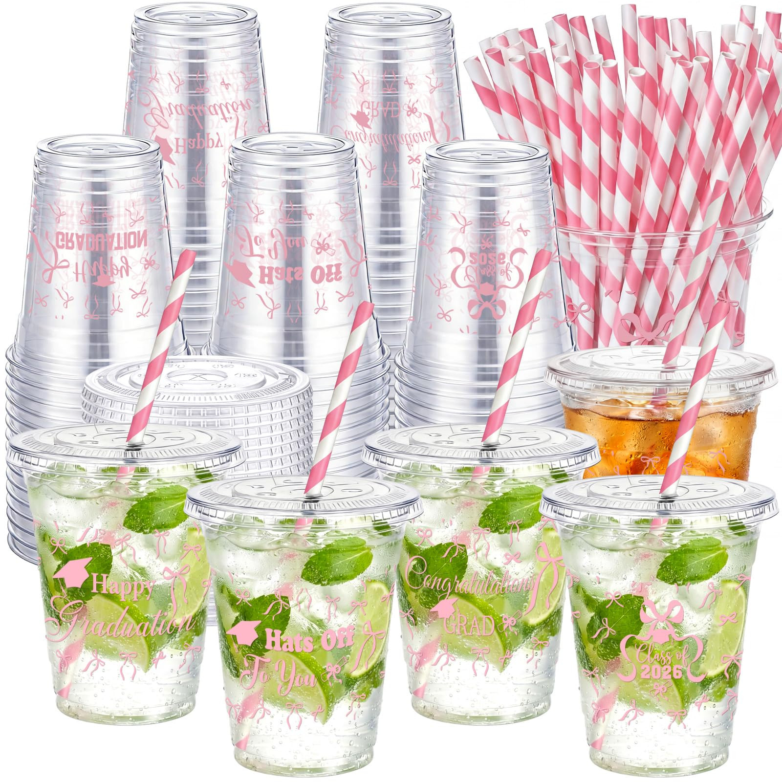 Patelai 60 Set 16oz Pink Bow Graduation Cups Bulk Coquette Disposable Plastic Cups with Lids and ... | Amazon (US)