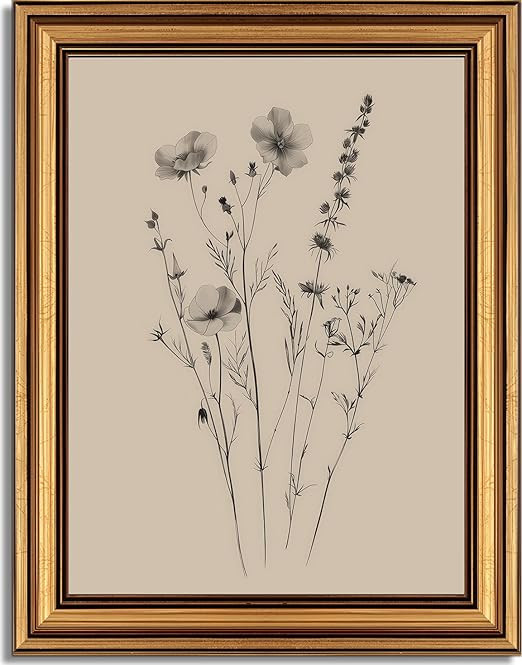 Vintage Gold Framed Canvas Wall Art Minimalist Floral Poster Artwork Wildflower Print Picture Flo... | Amazon (US)