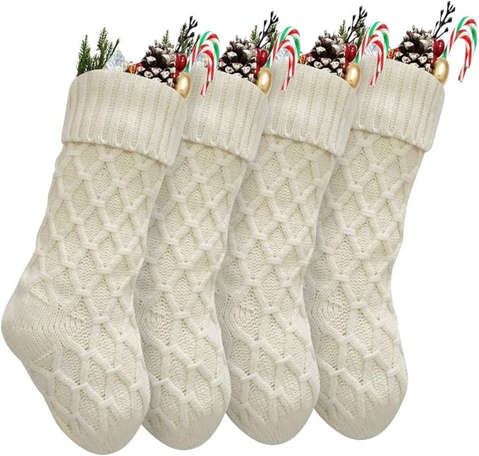 Vanteriam Pack 4 Christmas Stockings, 15'' Unique Ivory White Knit Christmas Stockings for Xmas D... | Amazon (US)