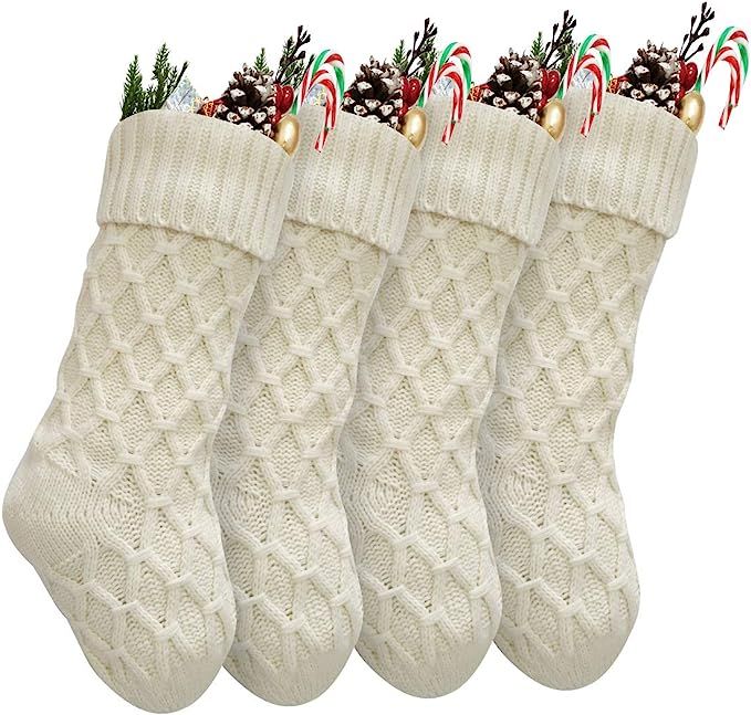 Vanteriam Pack 4 Christmas Stockings, 15'' Unique Ivory White Knit Christmas Stockings for Xmas D... | Amazon (US)