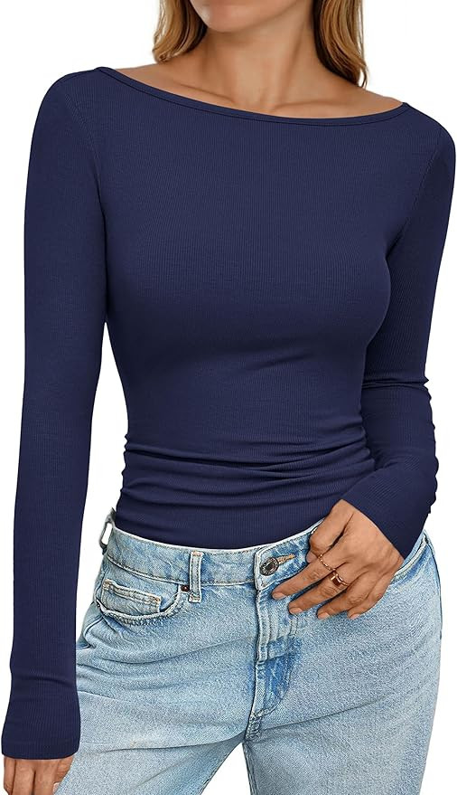 PRETTYGARDEN Long Sleeve Shirts for Women 2026 Fall Boat Neck Ribbed Knit Ruched Spring Going Out... | Amazon (US)