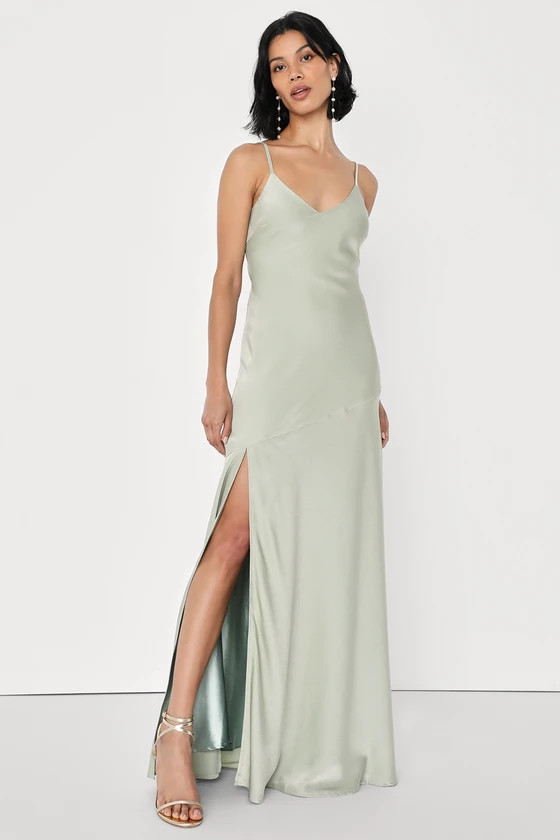 Divine Romance Sage Green Satin Backless Maxi Dress | Lulus