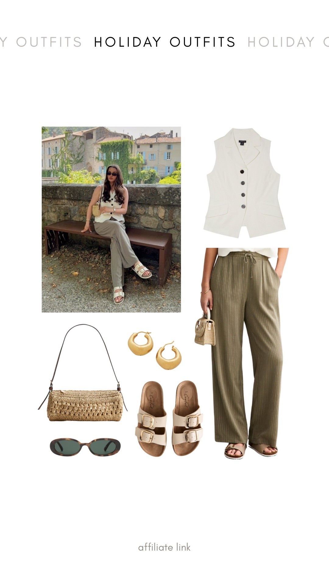 New look khaki and white striped linen blend trousers, Karen Millen linen blend white waistcoat, H&M raffia shoulder bag, new look cream sandals, Monica vinader gold hoop earrings, le specs tortoiseshell sunglassess

#LTKsummer #LTKstyletip #LTKuk