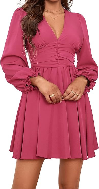 Umenlele Women's V Neck Ruched Ruffle Puff Long Sleeve Cocktail Flowy Short Dress | Amazon (US)
