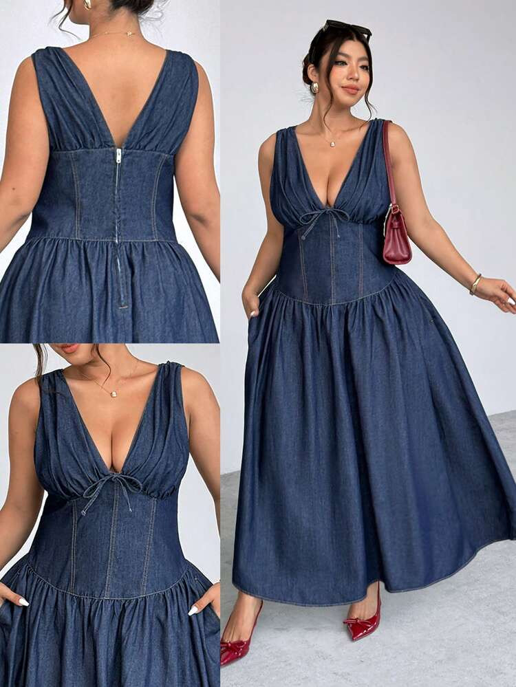 Firerie Plus Size Summer Casual Front Tie Waist Denim Dress,Summer,Summer Outfits,Spring,Spring Outfit Women,Carnival,Carnival Costume,Party ,Beach ,Going Out,For Date, Party, Cocktail, Formal Events, Vacation, Office, Work, Commute, Wedding Guest, And Western Festival | SHEIN