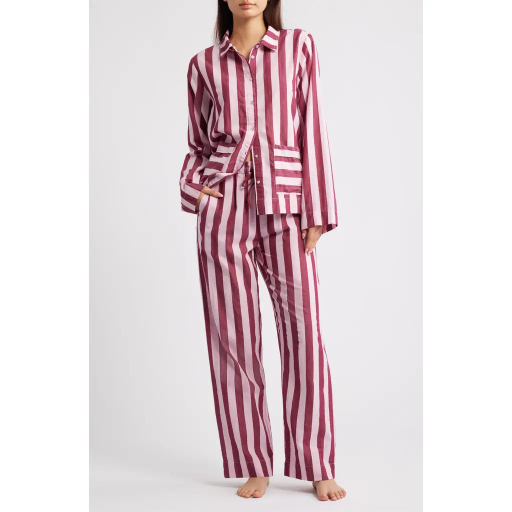 Damson Madder Florie Stripe Organic Cotton Pajamas in Burgundy/Pink Stripe at Nordstrom, Size 12 Us | Nordstrom