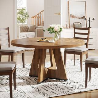 BYBLIGHT Roesler Farmhouse Oak Wood 47 in. W Pedestal Dining Table, Round Dining Table without Ch... | The Home Depot