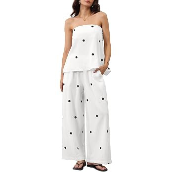 Women 2 Piece Polka Dot Tube Top Set Strapless Bandeau Blouse Wide Leg Spot Print Pants Outfits S... | Amazon (US)