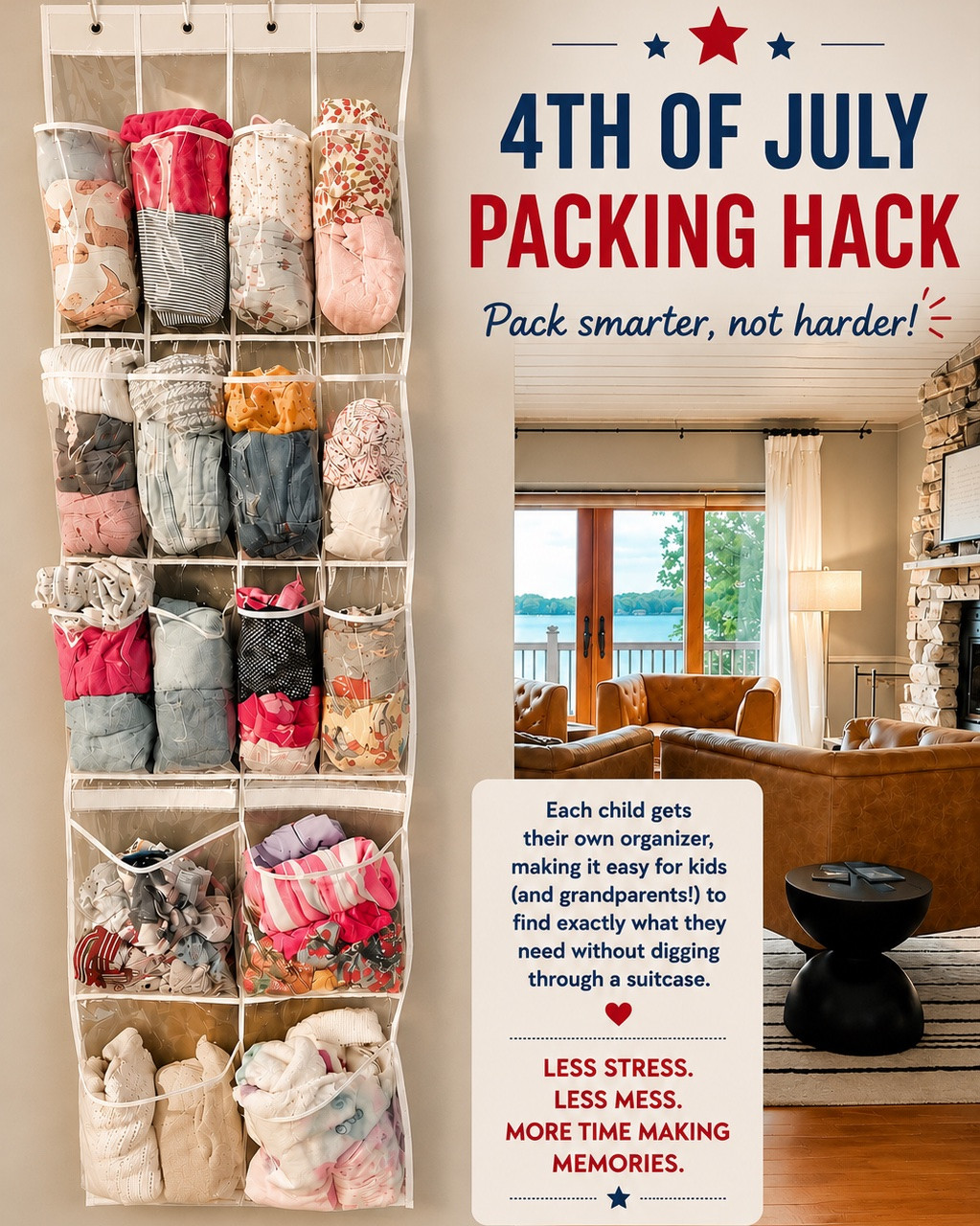 🇺🇸 4th of July Kid Packing Hack ❤️🤍💙

Packing for the lake, grandma’s house, or a holiday weekend with kids doesn’t have to be chaotic.

✨ We use an over-the-door shoe organizer to pack:
• One outfit per pocket
• Pajamas
• Swimsuits
• Socks & underwear
• Hair accessories
• Extra outfits for messy adventures

Each child gets their own organizer, making it easy for kids (and grandparents!) to find exactly what they need without digging through a suitcase. Hook it on the back of the door and they are good to go! 

Less stress. Less mess. More time making memories. ❤️

📌 Save this for your next family trip!

#LTKmomlife #LTKKids #LTKHome