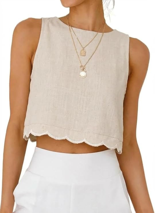 IDEALSANXUN Womens High Neck Linen Tank Tops Spring Summer Scallop Hem Cropped Sleeveless Shirts ... | Amazon (US)