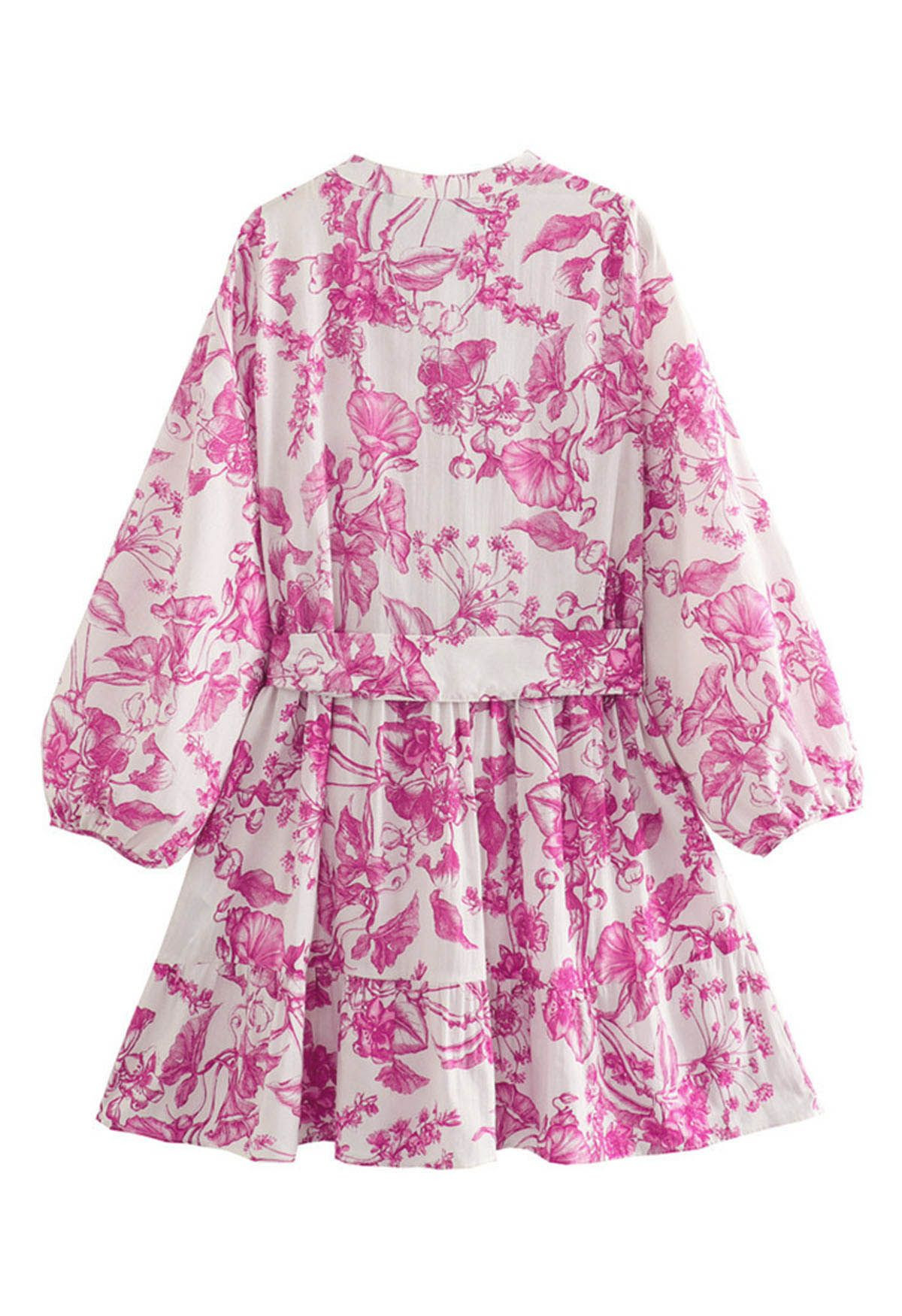 Watercolor Hot Pink Flower Lantern Sleeves Mini Dress | Chicwish