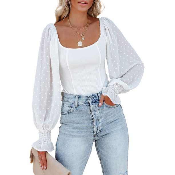 Women White Solid Swiss Dot Ribbed Puff Sleeve Bodysuit - Walmart.com | Walmart (US)