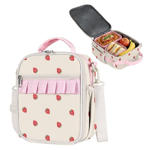 Easozoom Insulated Lunch Bag for Teen Girl Kid Women with adjustable shoulder strap, Large Lunch Box, Reusable Portable Waterproof Leakproof Lunchbox for School Travel Office Picnic (Strawberry) | Amazon (US)