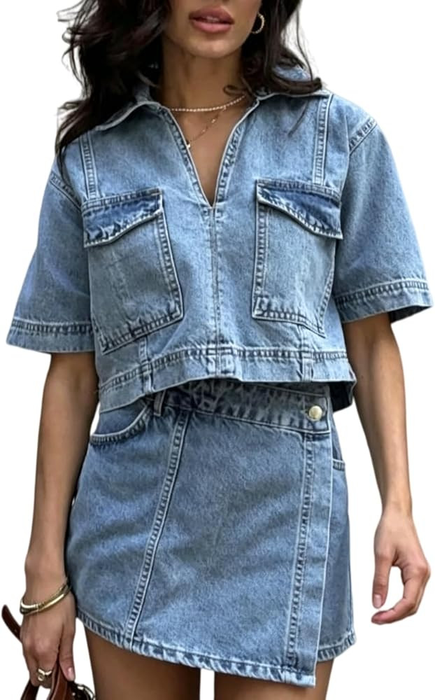 Denim Vertical Seam Sleeveless Flare Hem Top and Elastic Waist Pocket Shorts Set Casual Denim Two... | Amazon (US)