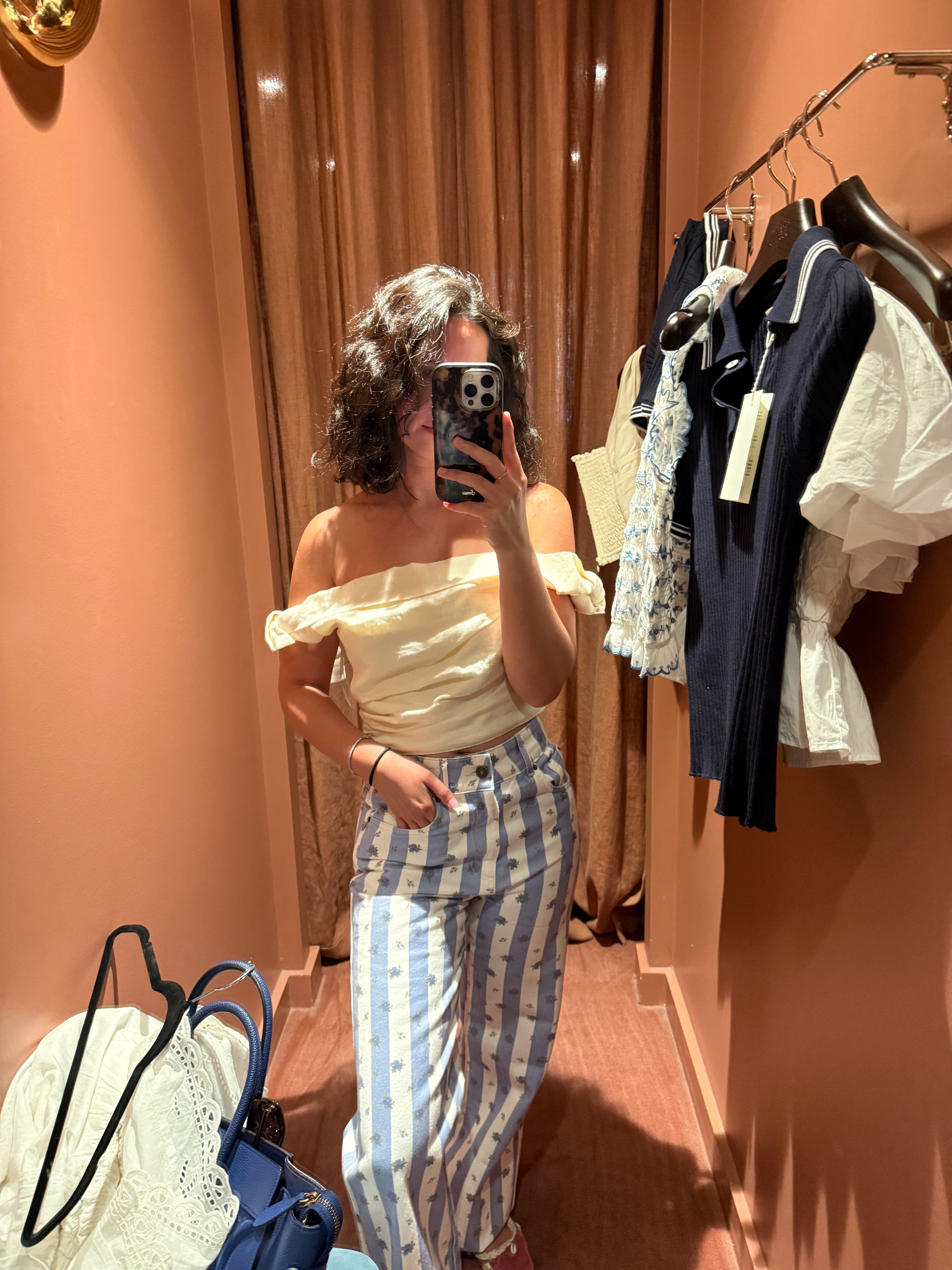 Petite woman in a Sezane off-shoulder top and matching Sezane trousers — casual chic summer dinner outfit idea for women in their 30s 

 #LTKootd #LTKPetite