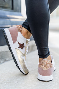 Jennifer Rose Gold and White Sparkle Star Sneakers | Pink Lily