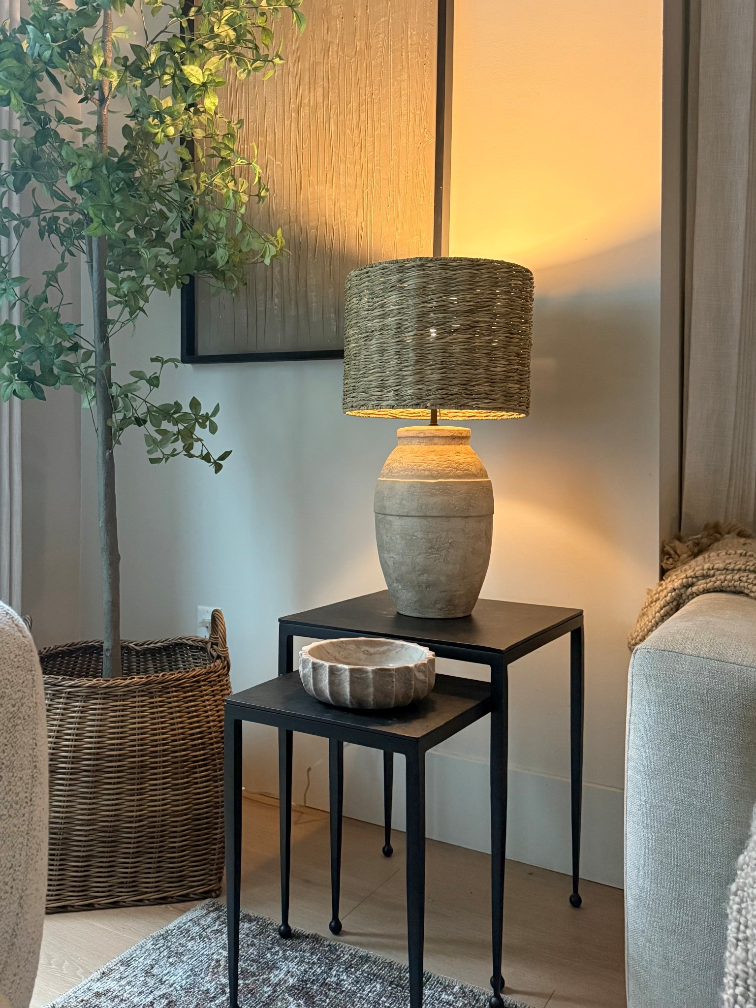 Cozy corner. Love the charm of this lamp.. the woven shade is so pretty! 
January home refresh 
Neutral decor 