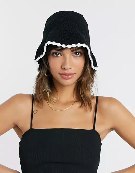 ASOS DESIGN crochet knit bucket hat in black | ASOS (Global)