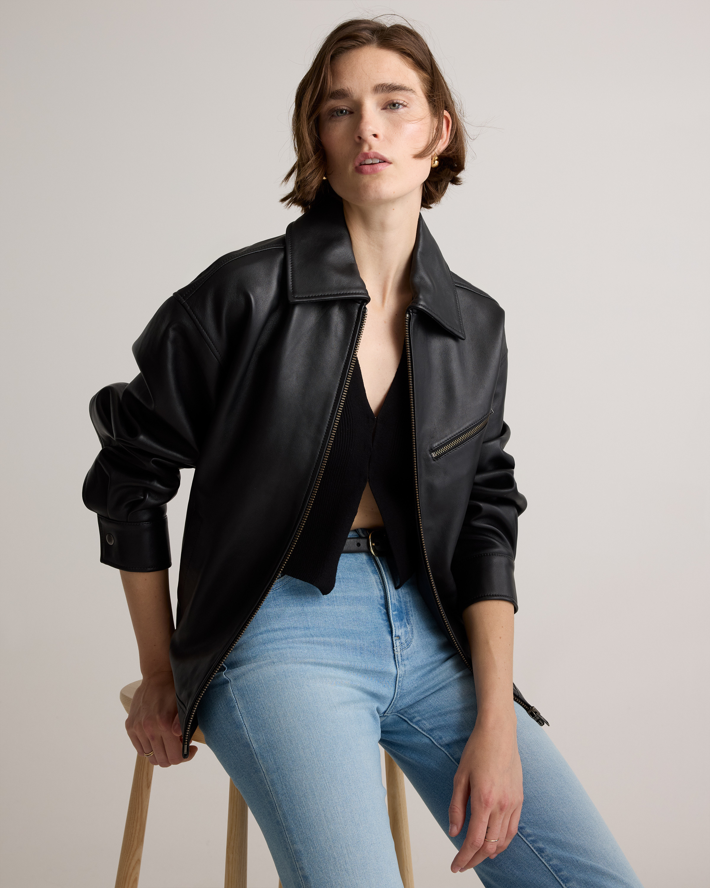 Quince | Women's Oversized Bomber Jacket in True Black, Size Large, Leather | Quince