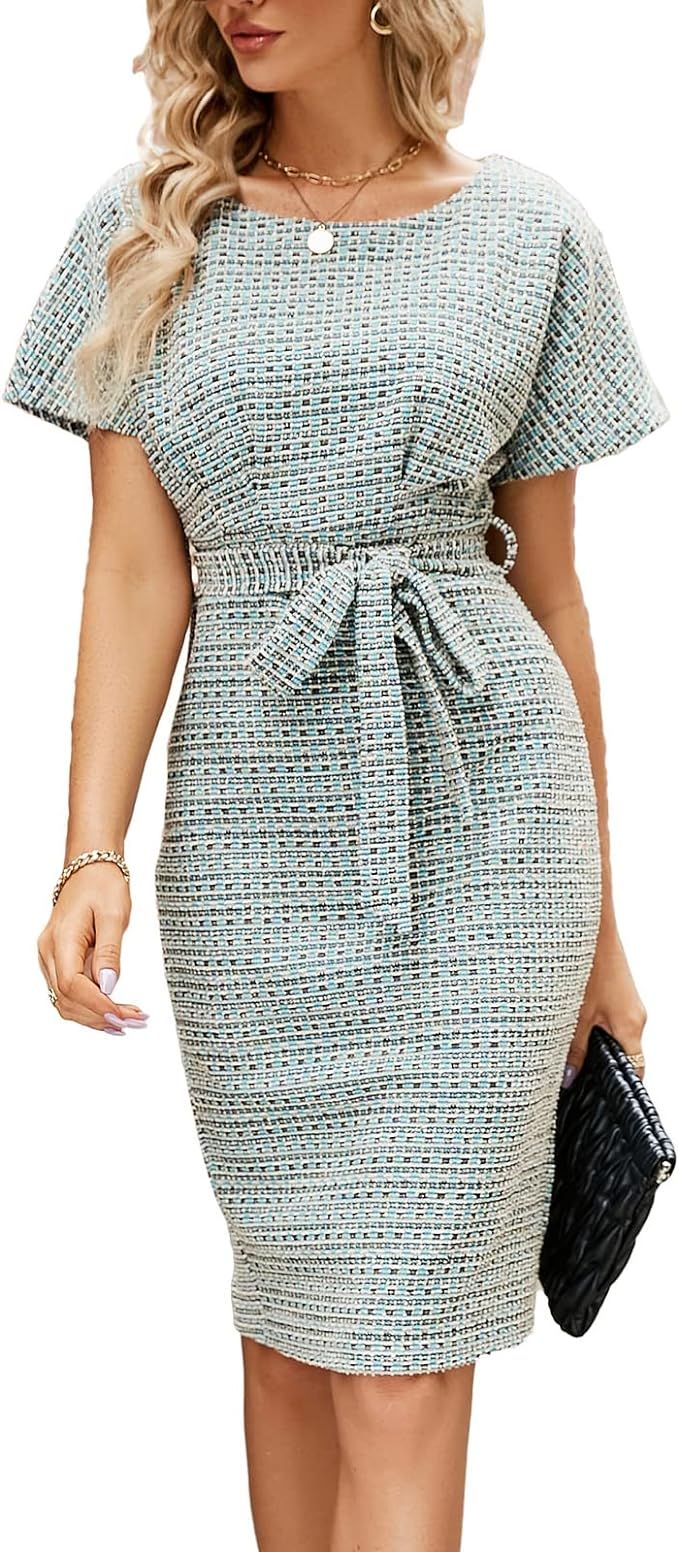 JASAMBAC Women's Tweed Pencil Dress Elegant Business Bodycon Short/Long Sleeve Wear to Work Offic... | Amazon (US)